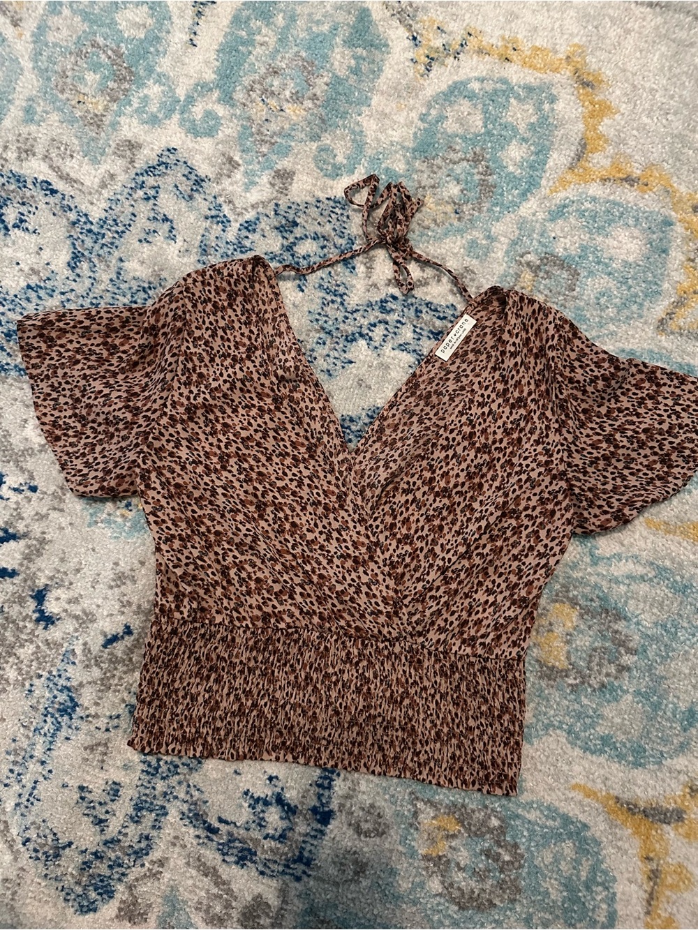 Women's Brown Printed V-Neck Cropped Smocked Waist Blouse